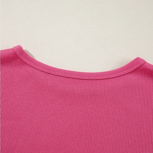 Sachet Pink Flower Patchwork Ruffled
Sleeve Ribbed Knit Drop Shoulder Top Boho - Picture 9 of 11